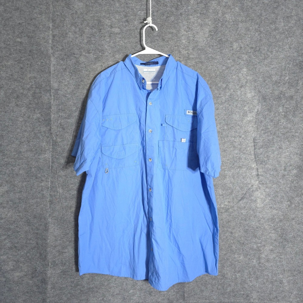 Columbia PFG Bonehead Mens XL Blue Short Sleeve Fishing Shirt Vented Vtg FM7130